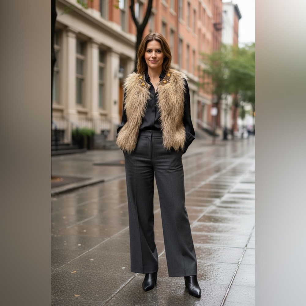 Mob Wives Holiday Event Party Warm Faux Fur Vest S/M Camel Tan‎ Beaded Open Chic